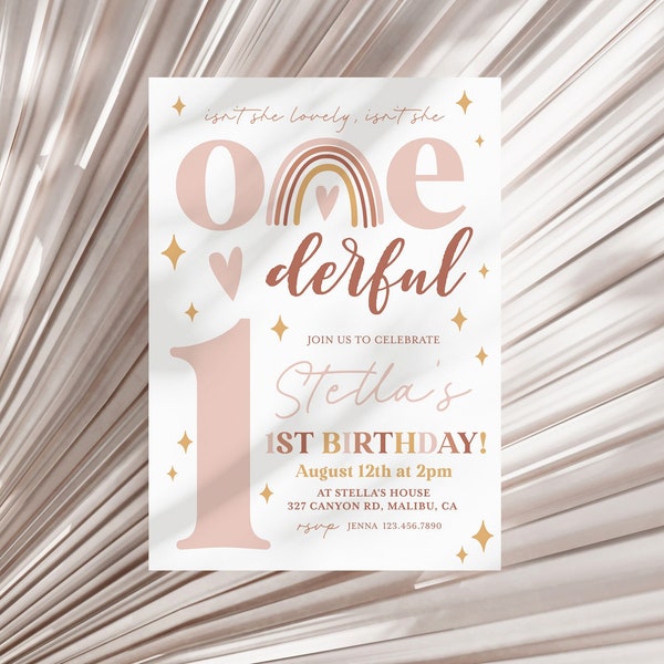 Isn't She ONEderful Boho Rainbow First Birthday Invitation Template, Modern Rainbow First Birthday Invitation, ONEderful Invite Dusty Pink