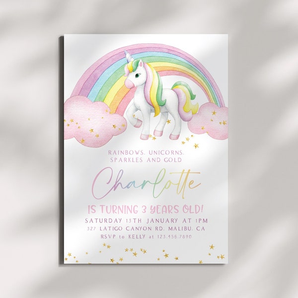 Unicorn Birthday Invitation Template, Rainbow Unicorn Invitation, Pastel Rainbow Unicorn Girls Invite, Magical Day Birthday Invitation