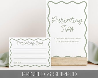 Printed Baby Shower Games, Parenting Tips Sign & Card, Gender Neutral Sage Green Wavy