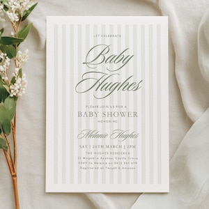 Sage Green Stripe Baby Shower Invite, Gender Neutral Baby Invitation Printable