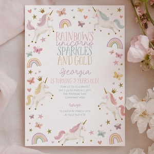 Unicorn Birthday Invite, Girls Birthday Invitation Printable, Pastel Rainbow, 3rd 4th 5th 6th