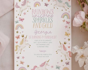 Unicorn Birthday Invite, Girls Birthday Invitation Printable, Pastel Rainbow, 3rd 4th 5th 6th