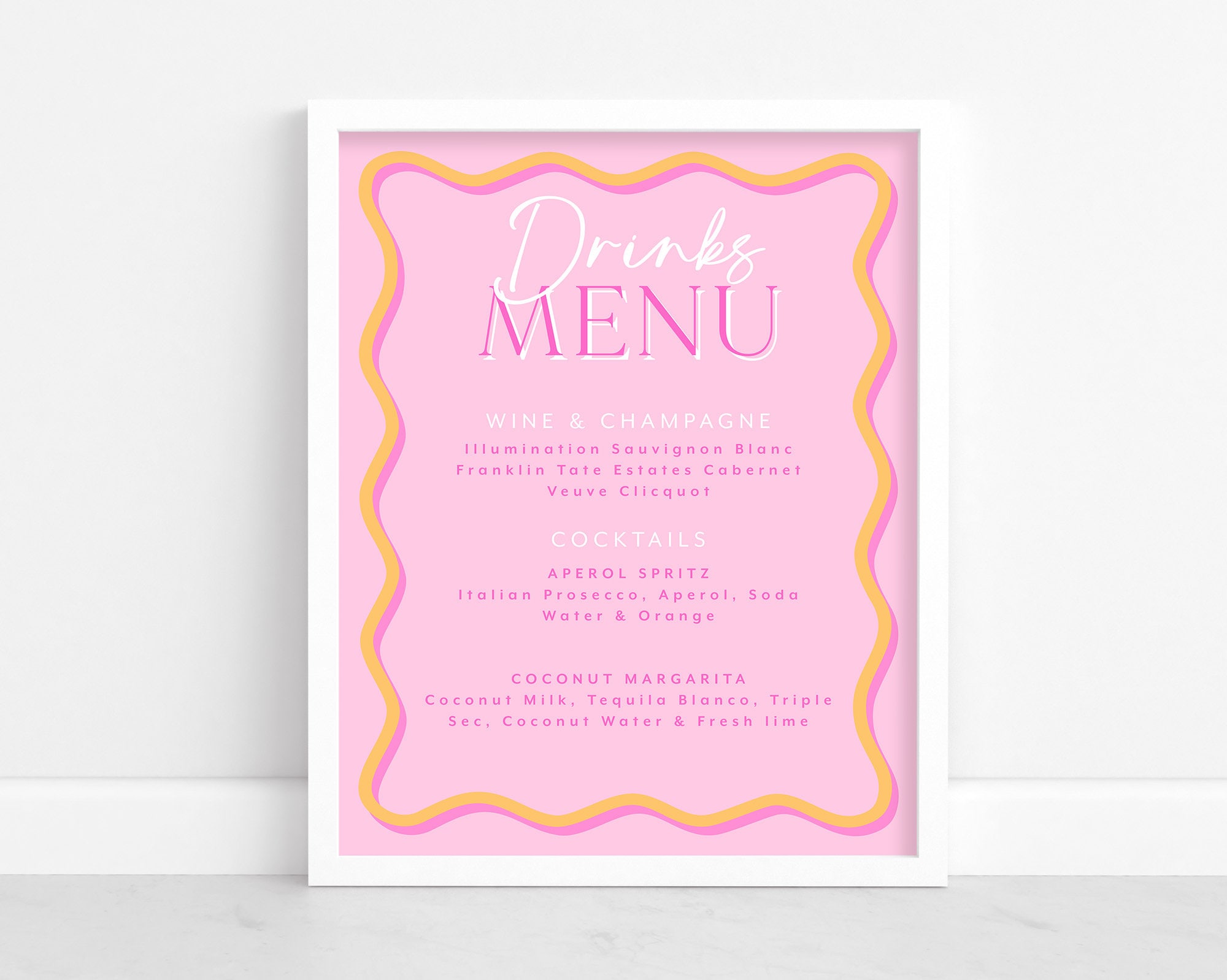 Bruidsdouche Bar Teken Golvende Roze Wriggly Grens Bruids Douche Drankjes Menu Teken Roze en Oranje Golf Grens Bar Menu Sjabloon Bruids Bar Teken