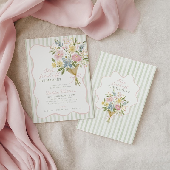 Fresh Off the Market Bridal Shower Invitation, Farmer's Flower Market Invite Template Pink Green