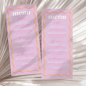 Modèle de menu de douche nuptiale Wavy Pink Purple Orange Wriggly Border Carte de menu de douche nuptiale Rose Purple Wave Border Menu de douche nuptiale moderne
