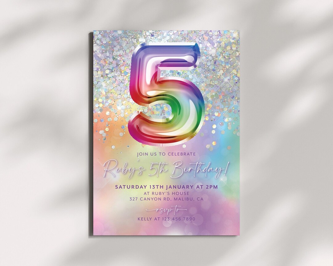 20 Geburtstagseinladungen 5. Geburtstag – Regenbogen-Ballon-Design Mit Goldglitzer Für Kinderparty