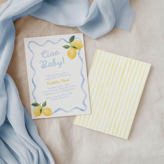 Ciao Baby Lemons Invite, Italian Baby Shower Invitation Printable, Blue and Yellow