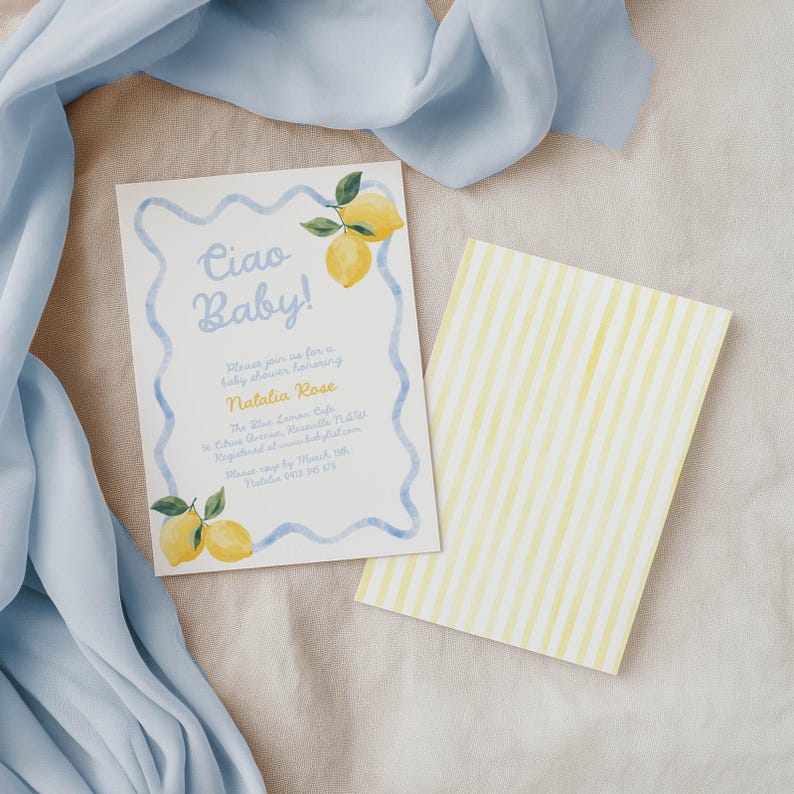 May include: Baby shower invitation with watercolor lemons and the text "Ciao Baby!". The invitation has a blue wavy border and includes details for Natalia Rose's baby shower. A second card with yellow and white stripes is also visible.