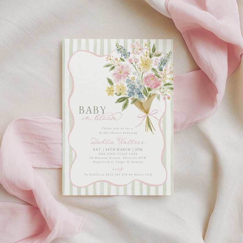 May include: A baby shower invitation with a watercolor floral bouquet design. The invitation features the text "Baby in Bloom" and event details. The background has a striped pattern in light green and white.