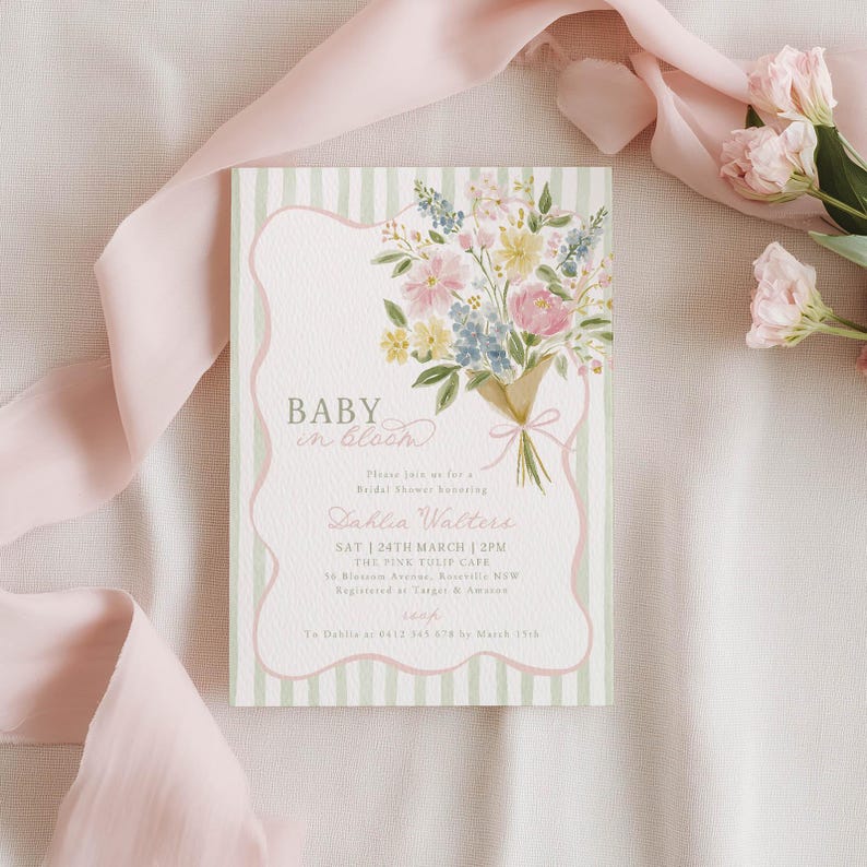 Baby in Bloom Invite, Girl Baby Shower Floral Invitation Printable, Pink Green image 1
