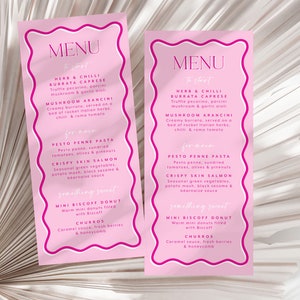 Szablon menu na wieczór panieński Falista, gorąca różowa, kręcąca się granica Karta menu na wieczór panieński Jasnoróżowa, falowana granica Nowoczesne menu na wieczór panieński Ciemnoróżowe