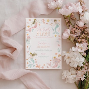 May include: A mermaid-themed birthday invitation with the text "Splish Splash! It's a mermaid bash!" and "Evelyn's 3rd Birthday!" The invitation features illustrations of mermaids, sea creatures, and floral accents in pastel colors.