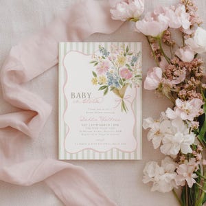 Baby in Bloom Invite, Girl Baby Shower Floral Invitation Printable, Pink Green image 7