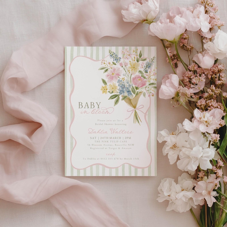 Baby in Bloom Invite, Girl Baby Shower Floral Invitation Printable, Pink Green image 7