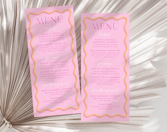 Sjabloon voor vrijgezellenfeestmenu Golvende roze en oranje kronkelige rand Vrijgezellenfeestmenukaart Roze oranje golfrand Modern bruidsdouchemenu