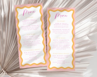 Sjabloon voor vrijgezellenfeestmenu Golvende roze en oranje kronkelige rand Vrijgezellenfeestmenukaart Roze oranje golfrand Modern bruidsdouchemenu