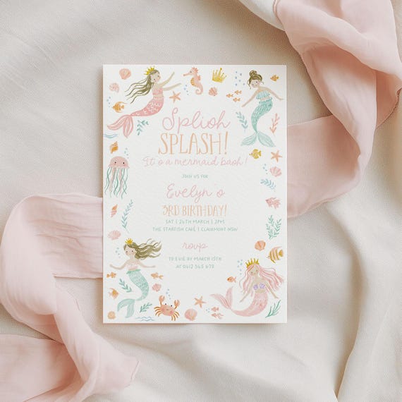 Mermaid Birthday Invite, Girls Birthday Invitation Printable, 3rd 4th 5th 6th