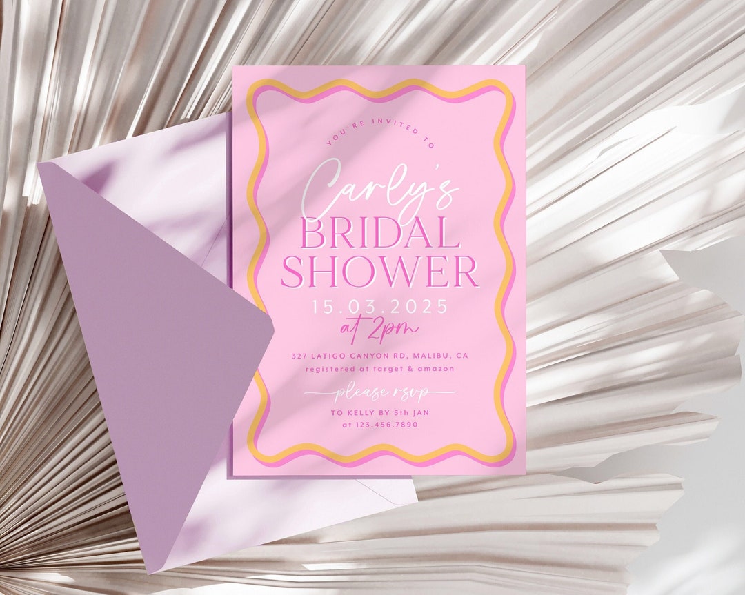 Pink Modern Bridal Shower Invitation Wavy Invite Pink Wriggly Border ...