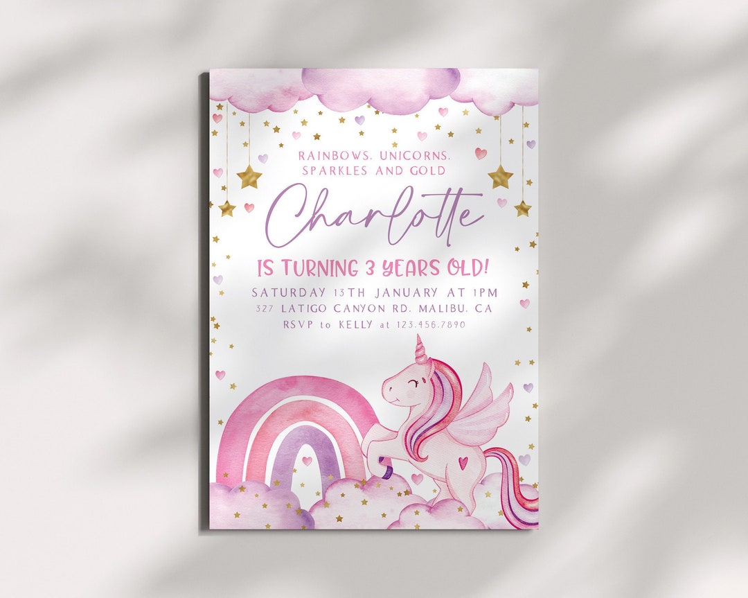 Unicorn Birthday Invitation Template, Unicorns Rainbows Sparkles and ...