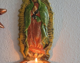 Portavelas Virgencitas, virgen de barro, hecha en México, católica, Virgen, agua vendita, velita