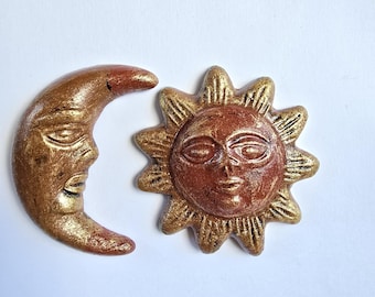Handmade Clay Sun and Moon Wall Art, Rustic Mexican Decor