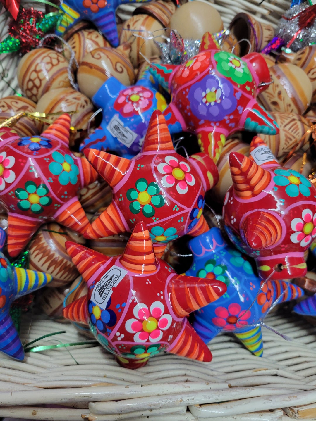 Esferas Rojas Set of 5 or Single Mexican Ornaments, Hand Painted