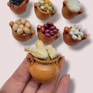 Mini-olla de barro met tamales, frijoles, keker, arroz, ofrenda dia de muertos, olla de frijoles, miniatuur, mini-altaar, mini Mexicana