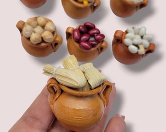 Mini olla de barro con tamales, frijoles, garbanzo, arroz, ofrenda dia de muertos, olla de frijoles, miniature, mini altar, mini Mexicanas