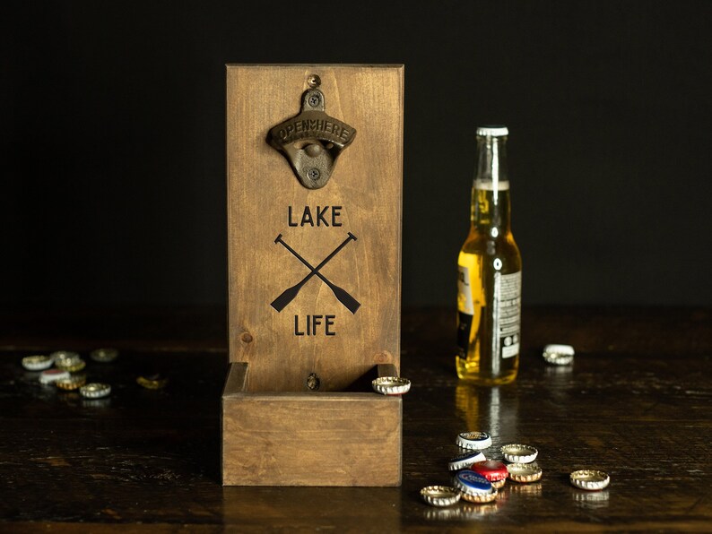 Wall Mount Bottle Opener, Lake Life, Beer Bottle Opener, Cap Catcher, Gifts For Him, Father's Day Gift, Beer Lover Gift, Housewarming Gift Brown - Black Text