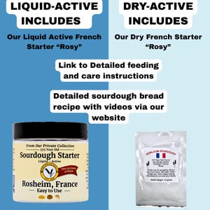 May include: A jar of liquid sourdough starter from Rosheim, France, with the text "Sourdough Starter" and "Over 375 Years of Flavor." Also included is a packet of dry sourdough starter. The image includes instructions and a recipe.