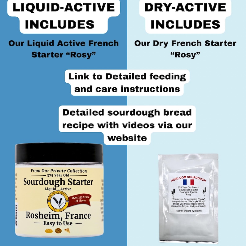 May include: A jar of liquid sourdough starter from Rosheim, France, with the text "Sourdough Starter" and "Over 375 Years of Flavor." Also included is a packet of dry sourdough starter. The image includes instructions and a recipe.