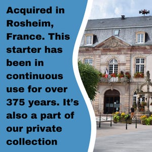 May include: Image features a historic building in Rosheim, France, with a French flag on a balcony. Text on the left states the building's history, including continuous use for over 375 years, and its part of a private collection.