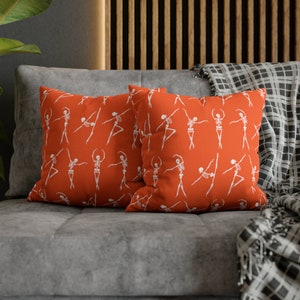 Dancing Skeletons Orange Throw Pillow Cover, Spooky Chic Pillow Case, Dancing Skeletons Home Decor Accent in 4 Sizes