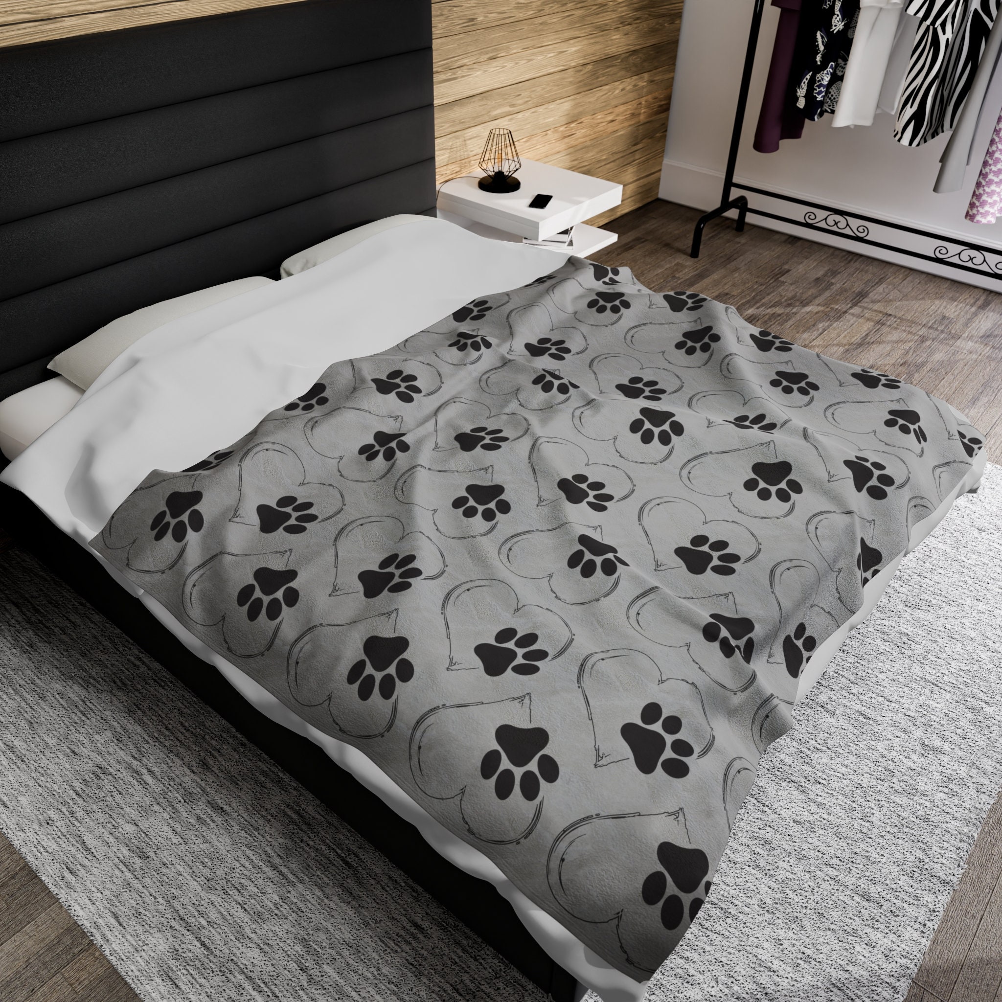 Paw Print Blanket, Gray Dog Paw Print Blanket, Heart Pattern Velveteen