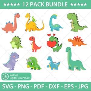 かわいい恐竜 SVG バンドル 12 個 PNG PDF 即時ダウンロード、Cricut 用 SVG ファイル、PNG 昇華デザイン、高品質デジタル ダウンロード
