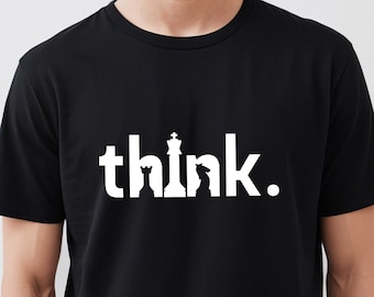 May include: Black t-shirt with a white graphic of chess pieces spelling out the word "think."