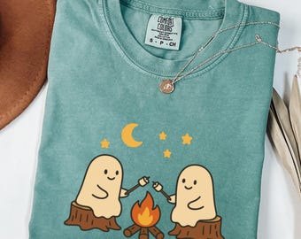 Comfort Color Ghosts Camping Halloween Shirt,Summerween Camp Lovers Shirt,Spooky Season Outdoors Gifts, Halloween Vintage Embroidery Tshirt
