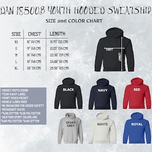 May include: Size chart for Gildan 18500B youth hooded sweatshirt. The chart shows sizes XS to XL with corresponding chest and length measurements in inches and centimeters. The chart also shows different color options for the sweatshirt, including black, navy, red, sport grey, white, and royal.