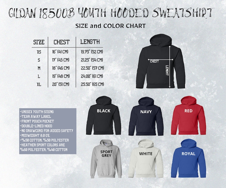 May include: Size chart for Gildan 18500B youth hooded sweatshirt. The chart shows sizes XS to XL with corresponding chest and length measurements in inches and centimeters. The chart also shows different color options for the sweatshirt, including black, navy, red, sport grey, white, and royal.