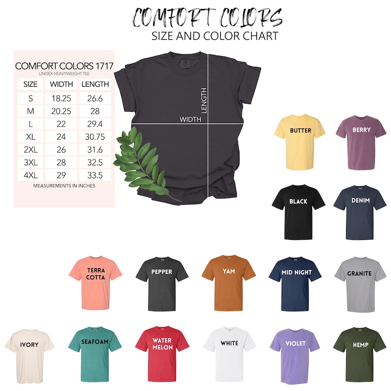 Op de afbeelding: Een maat- en kleurentabel voor Comfort Colors 1717 unisex heavyweight t-shirts. De tabel bevat afmetingen in inches voor de maten S t/m 4XL. Verschillende t-shirtkleuren worden weergegeven, waaronder zwart, boter, bes, denim, terracotta, peper, yam, middernacht, graniet, ivoor, zeegroen, watermeloen, wit, violet en hennep.
