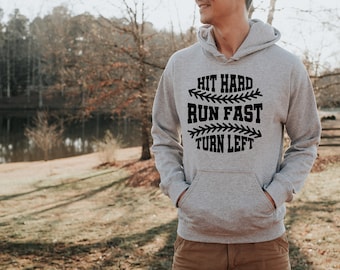 Hit Hard Run Fast Turn Left Hoodie, Cute Baseball Season Hoodie, Baseball Lover Hoodie, Unisex Hoodie,Baseball Player Gift, Game Day Hoodie