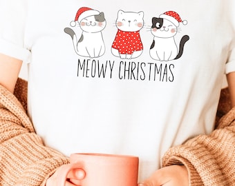 Chemise de Noël chat T-shirt amoureux des chats pour propriétaire de chat Chemise de Noël miaou pour amoureux des chats Chemise de Noël miaou, cadeau pour elle