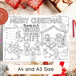 Op de afbeelding: Een zwart-witte printbare kleurplaat met een kerststal met Maria, Jozef, baby Jezus, een ezel, een schaap en engelen. De pagina bevat de tekst "Vrolijk kerstfeest Dank zij God voor zijn onbeschrijflijke gave".