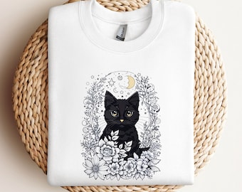 Black Cat Sweatshirt, Halloween Sweatshirt, Black Cat, Fall Sweatshirt for Women, Halloween Crewneck, Cottagecore sweatshirt, Spooky Season