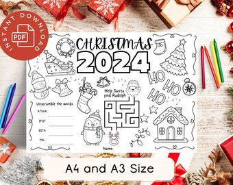 Christmas Activity Placemat, Christmas Colouring Placemat, Printable Christmas Placemat for Kids, Christmas Coloring Mat, instant download