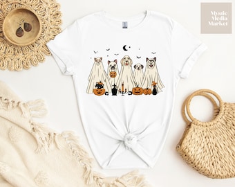 Simpatica maglietta di Halloween con cane fantasma, camicia di Halloween fantasma, cani vestiti da camicia di fantasmi, divertente camicia di Halloween