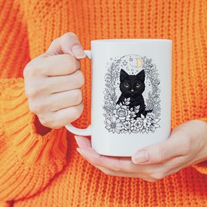 Black cat mug, celestial mug, halloween mug, custom designed mug cottage core