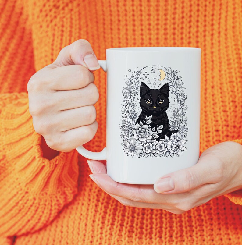Black cat mug, celestial mug, halloween mug, custom designed mug cottage core