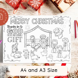 Op de afbeelding: Een zwart-witte printbare kleurplaat met een kerststal en de tekst "Merry Christmas Thanks be to God for his indescribable Gift".