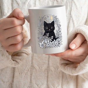 Black cat mug, celestial mug, halloween mug, custom designed mug cottage core
